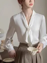 2025 Fashion Satin Blouse Women Tops Office Ladies Long Sleeve White Elegant Female Shirts With Tie V Neck Loose Clothing New