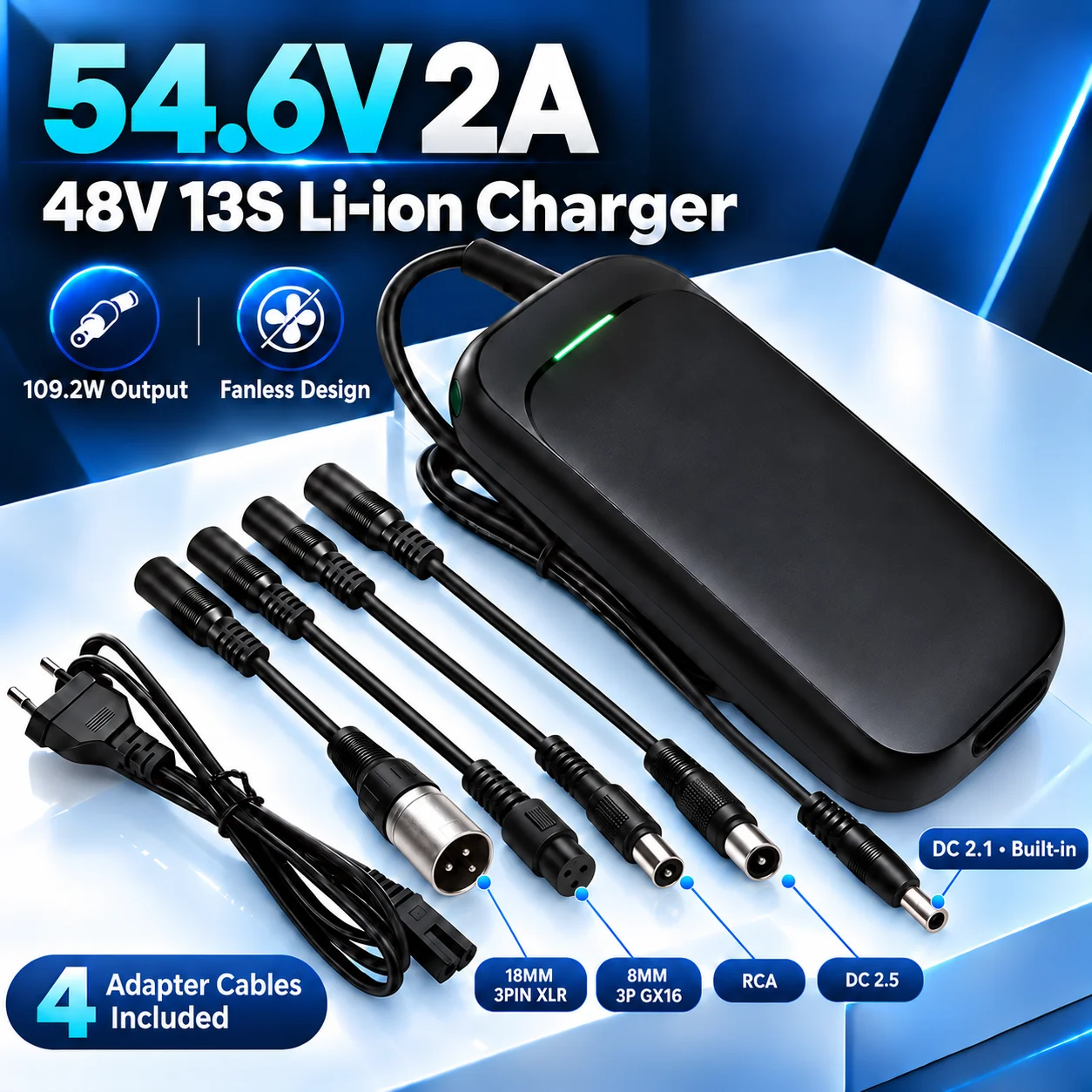 54.6V 2A Battery Charger for 48V 13S Li Ion Electric Bike Scooter Fanless Power Adapter 109.2W LED Indicator Multiple Protections with 4 Adapter Cables XLR 3 Pin GX16 3 Pin RCA DC 2.5 and Built In DC 2.1 Output 90-264V AC Input