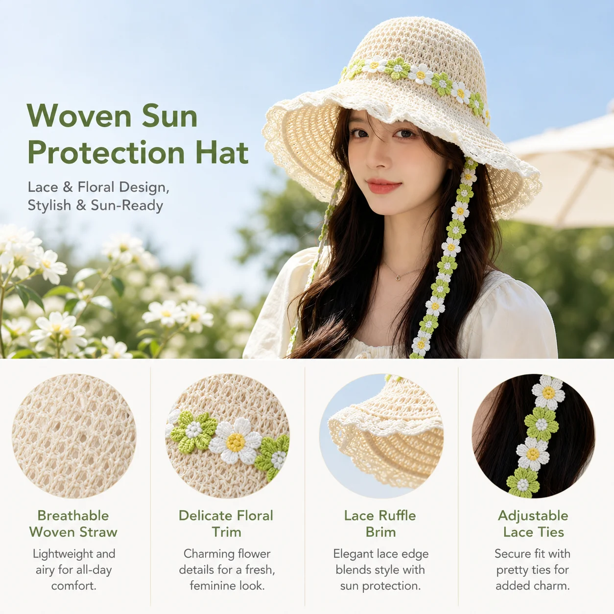 Straw Hat Lace Trim Adjustable Tie Breathable UV Protection Wide Brim Beach Vacation Travel Women Ladies One Size 56-58cm
