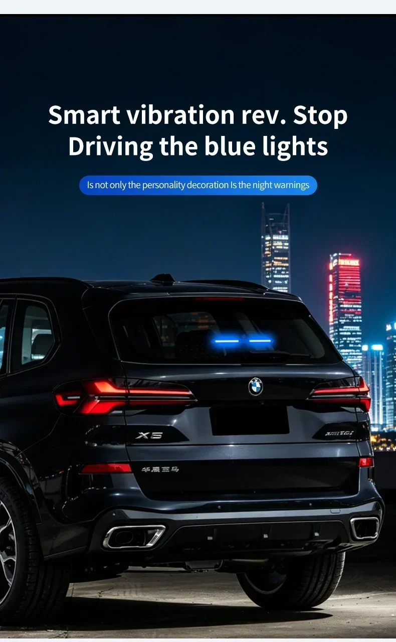 Solarbetriebene, intelligente LED-Dekorationsleuchte für das Auto, ohne Verkabelung, blaue Ambientebeleuchtung, automatische Vibrationssensor-Steuerung, Warnleuchte für die Heckscheibe. – Detail 6
