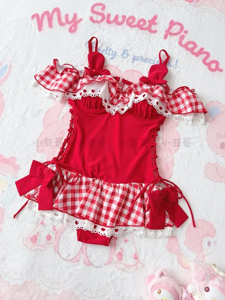 Sweet One-piece Swimsuit Women's Swimwear Bow Ruffle Edge Sling Kawaii Swimsuits for Girl Bathing Suits Summer Swimming Suit