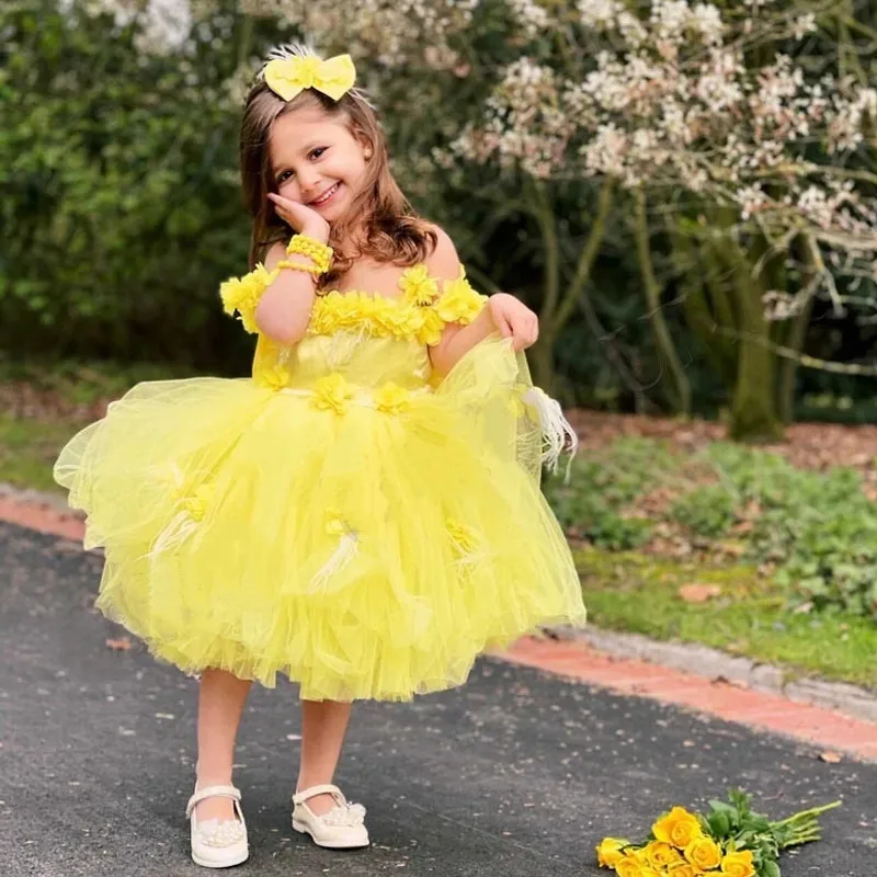 

New Puffy Flower Girl Dress Off the Shoulder 3D Floral Feather Girls Birthday Party Gown Pageant First Communion Dress