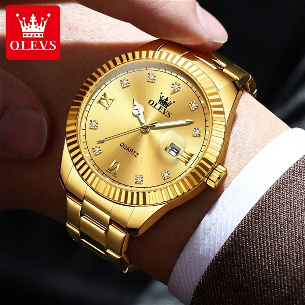 OLEVS Brand Luxury Gold Quartz Watch for Men Stainless Steel Waterproof Luminous Fashion Calendar Mens Watches Reloj Hombre