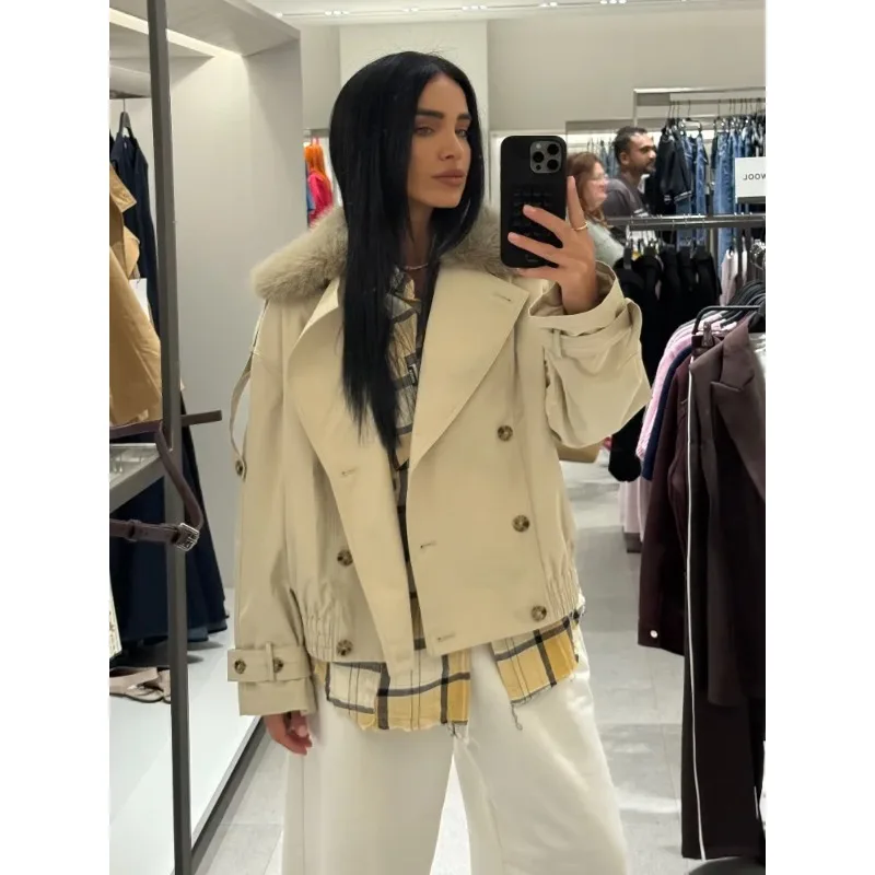 

Chic Fur Collar Short Windbreaker Coat Women Fashion Double Breasted Pocket Loose Jacket Autumn Daily Commuting Office Outerwear