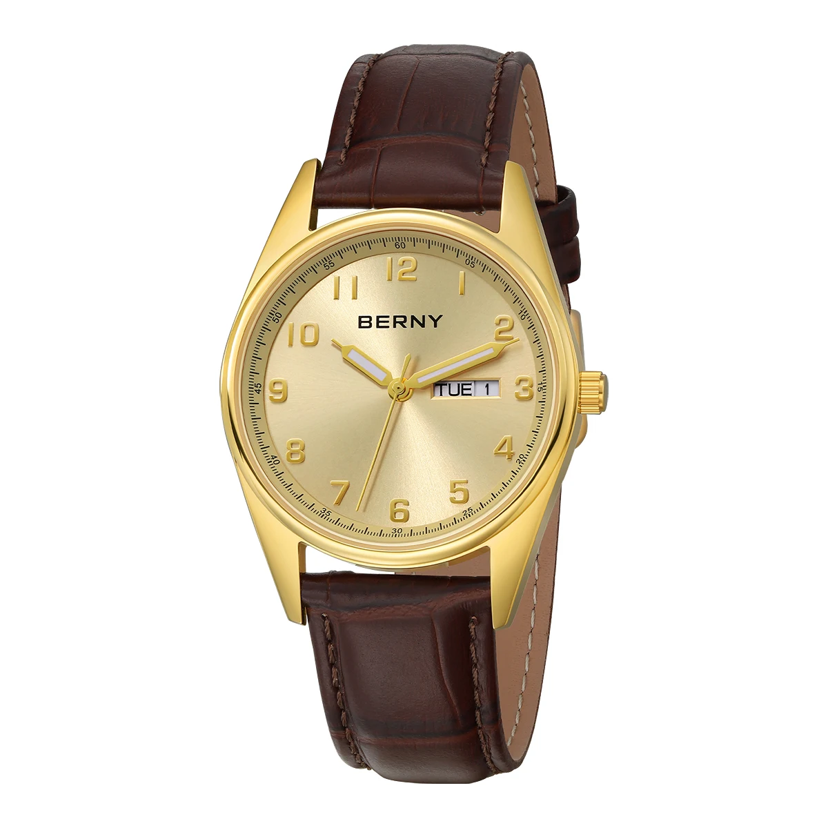 BERNY Gold Watches for Men Classic Date Week Luminous Luxury Golden Men\'s Dress Quartz Watch Elegant Lightweight Wristwatch