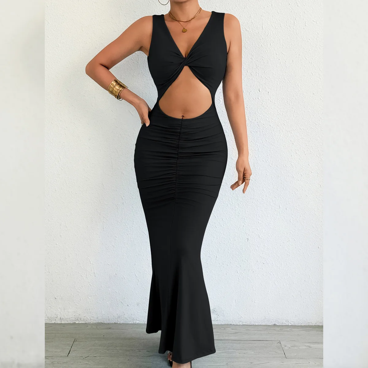 New Sexy Hollow Out Party Dress Women Elegant Sleeveless V Neck Bodycon Dress Women Fashion Evening Long Dress Black