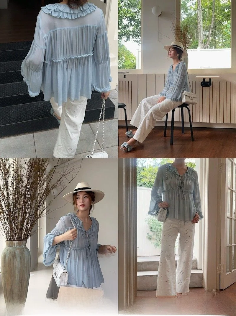 

Ohmyop "Soft Jade Fraance" Light Long Sve irt with Flared Sves Loose Fit Classic Collar Versatile Sle Summer 2025