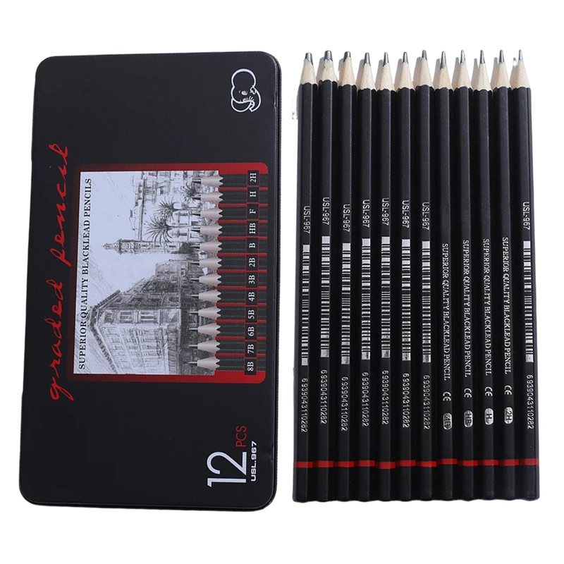 12pcs/set Drawing Pencil Pre-sharped Metal Box Packed 2H-8B Graphite Pencil Set for School Office Stationery Art Sketch Supplies