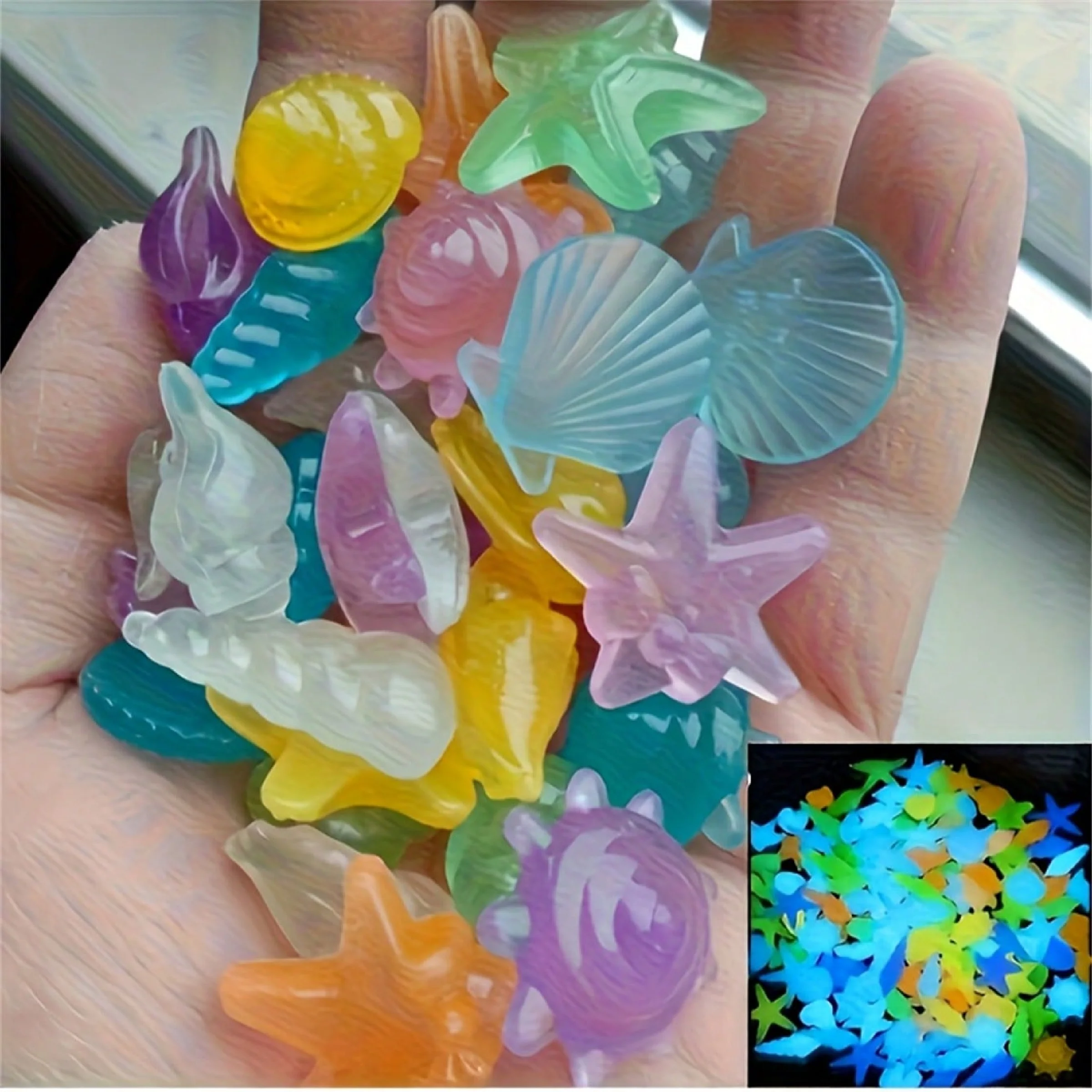 100pcs Glow-in-the-Dark Ocean Stone Fluorescent Resin Ornaments: Starfish and Seashells, suitable for fish tanks/aquariums, flow