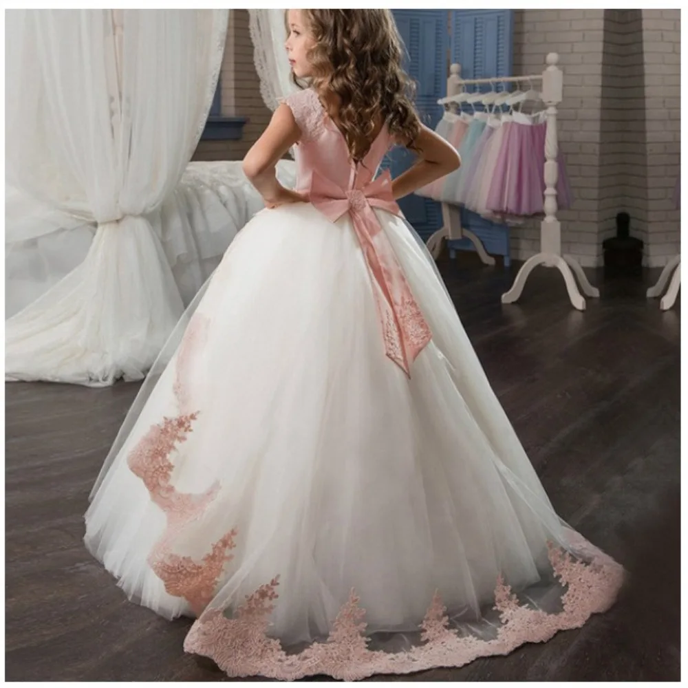 Hot Selling Girl Party Dress for 12 Years Kids Christening Gown Patchwork Lace Tulle Pure White Communion  Dresses Ankle-Length