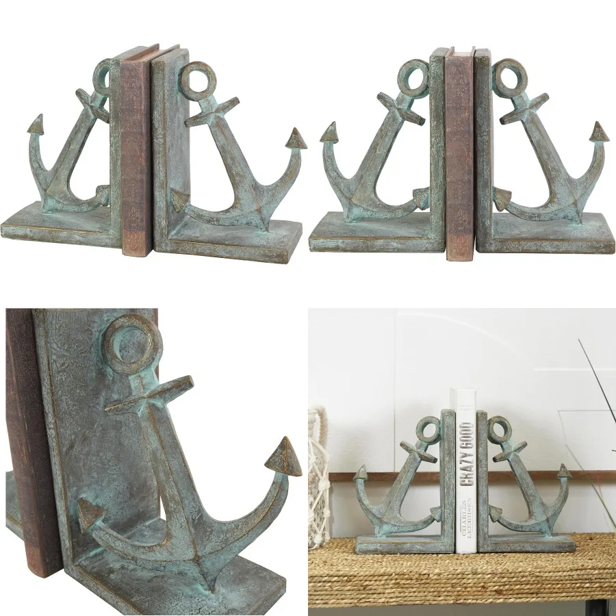 

Polystone Anchor Decorative Bookends with Distressed Patina and Gold Foil Accents Set of 2 Non-Skid Base Ideal for Office or Ho