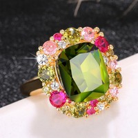 Charm Olive Green Rose Red Stone Big Flower Cocktail Rings For Women Antique Gold Color Luxury Female Square Zircon Wedding Band