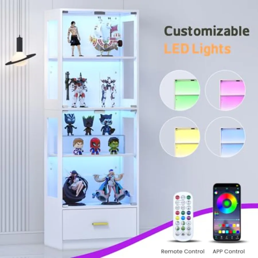 Glass Display Cabinet with Doors - Curio Cabinet for Collectibles, 67 White Narrow Cabinet with Dynamic LED Lights, 4-Tier Shel view 3