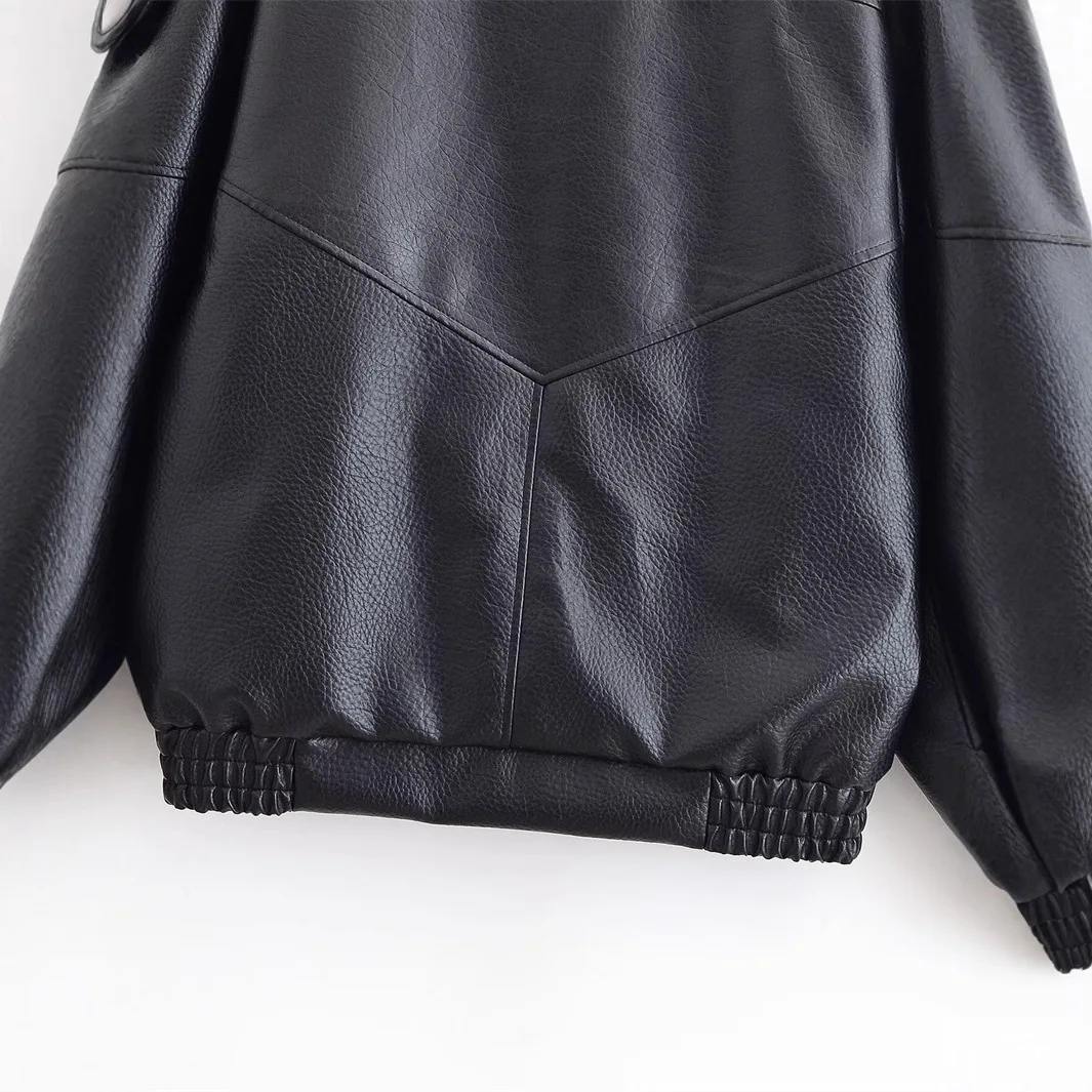 2025 ZA سلسلة خمر دراجة نارية Sle الوقوف طوق Jaet رقيقة جدا بولي Leather جلد المرأة Faion ملابس خارجية