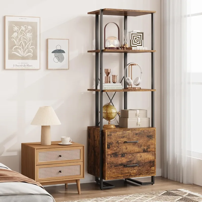 

3 Tier Bookshelf with Storage Drawers,70.9 Inch Tall Industrial Book Shelf with Open Display Shelves,3 Shelf Bookcase with