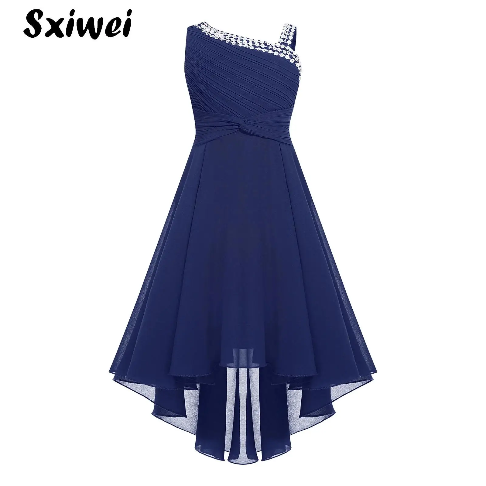 

One-Shoulder Kids Girls Wedding Dress Sleeveless Elegant Ruched Sequin Asymmetrical Chiffon Princess Birthday Prom Party Dresses