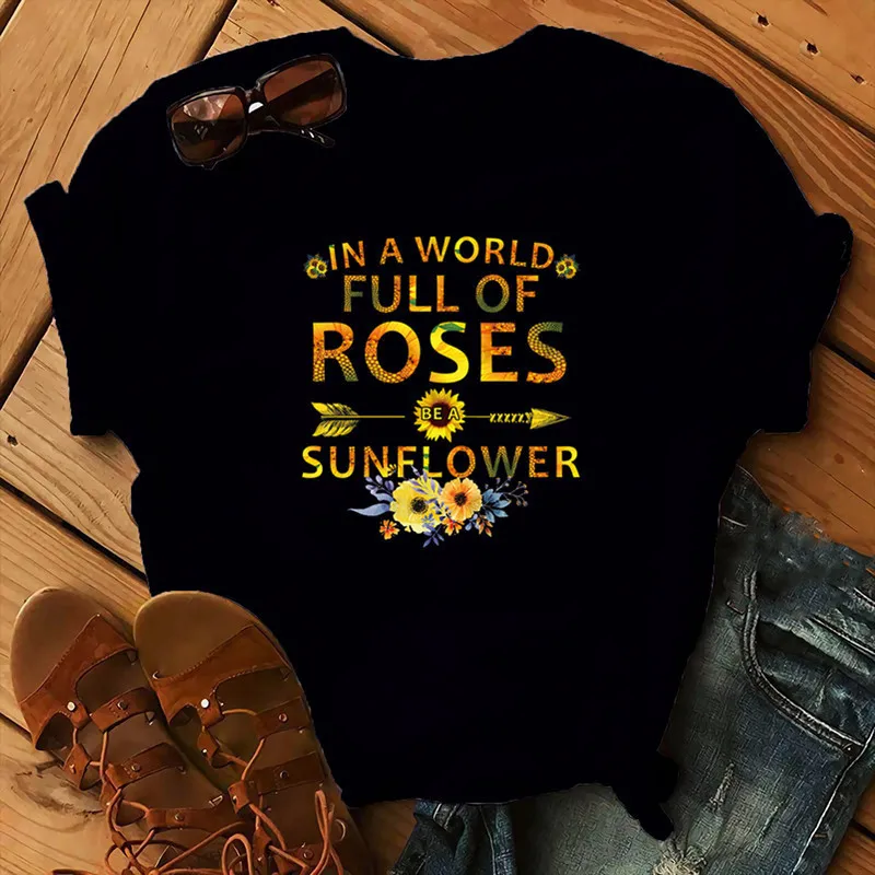

Full of Roses Letter Print Women T Shirt Short Sleeve O Neck Loose Women Tshirt Ladies Tee Shirt Tops Clothes Camisetas Mujer