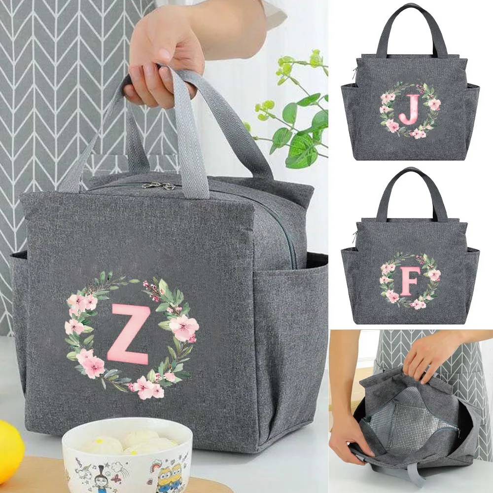Multi Use Canvas Lunch Tote Bag B Wreath Letter Print Storage Bag Casual Handheld Food Handbag Large Capacity