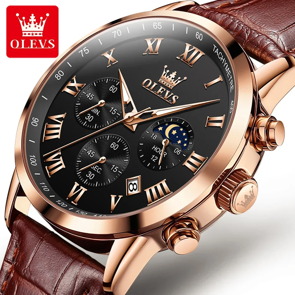 OLEVS 5529 Sport Multi-function Quality Men Wristwatches Quartz Waterproof Genuine Leather Strap Watch for Men Luminous Calendar