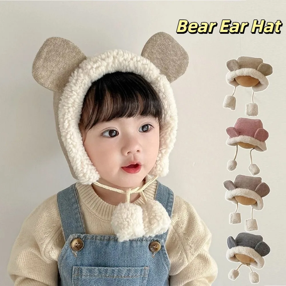 

Kawaii милая шапка с медвежьими ушками, зимняя флисовая детская шапка-бини, теплая толстая шапка для защиты ушей для малышей