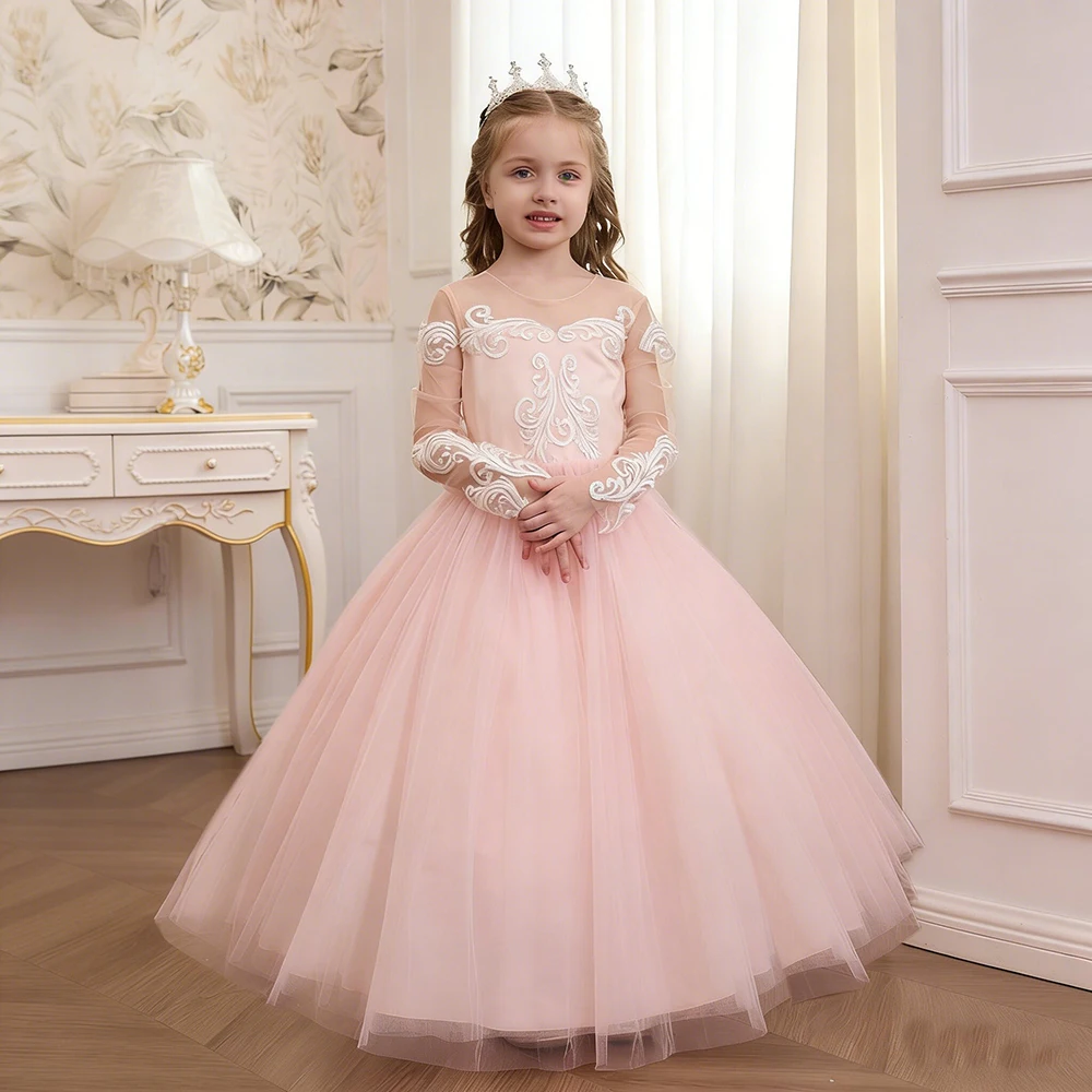 Girls Pink Lace Tulle Princess Dress Long Sleeve Sheer Neck Beaded Back Button Flower Girl Dress for Wedding Birthday Party Gown