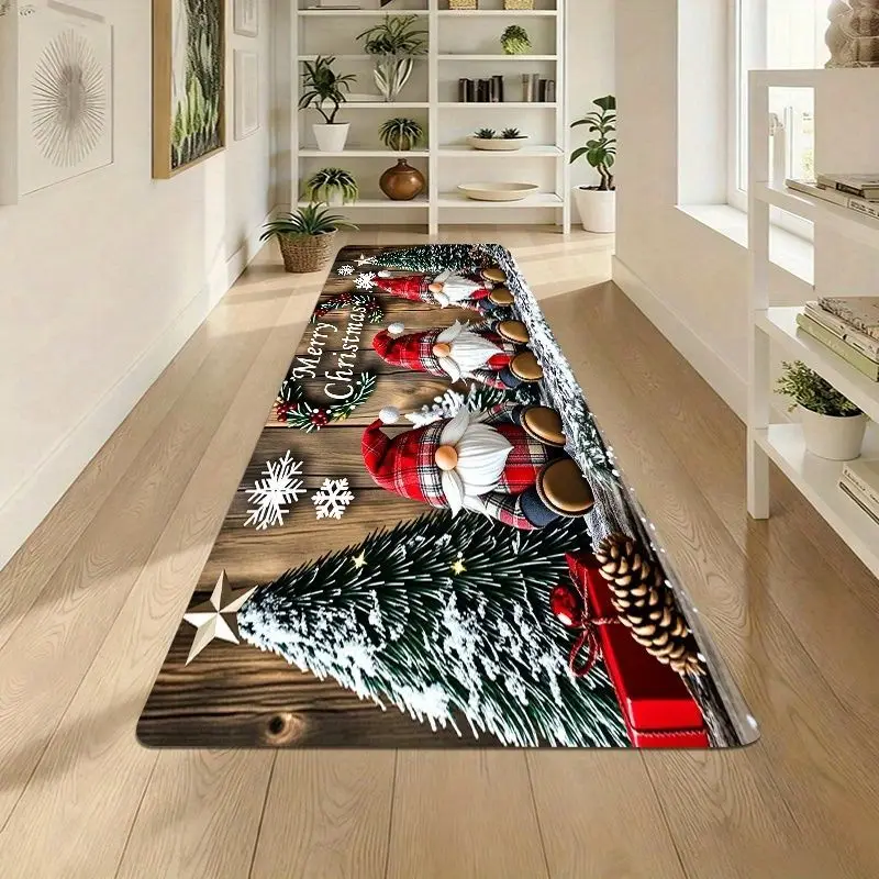 VIKAMA Vintage Christmas Gnome Runner Rug Wood Background Pine Design Washable Anti Slip Mat Hallway Bedroom Farmhouse Decor