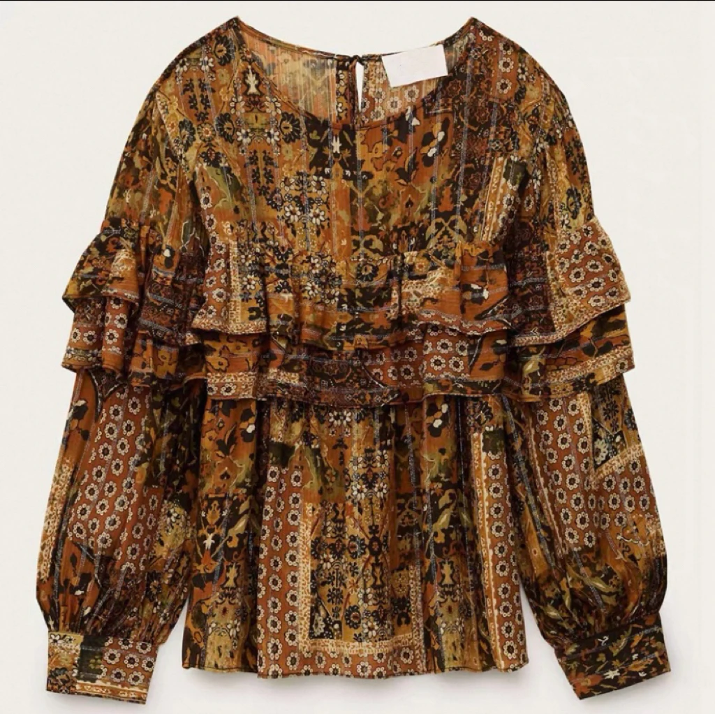

Ba25 Autumn New Gold Leaf Print Long Sleeve Shirt Women's Loose Fit round Neck Casual Shirt Floral Pattern Breathable Polyester