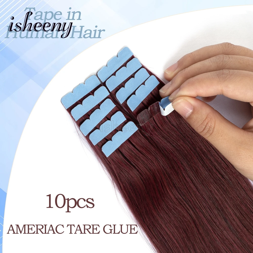 شريط صغير غير مرئي أحمر من isheeny في الشعر البشري 12 بوصة 16 بوصة 20 بوصة شريط شعر بشري ريمي حقيقي 10 قطعة/الحزمة للشعر المخرج