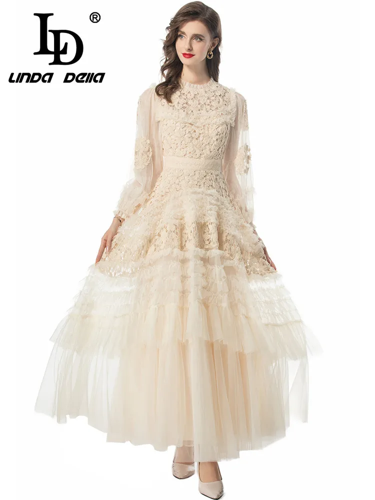 LD LINDA DELLA Fashion Designer Summer Dress Women's Vintage Solid Color Temperament Net Yarn Embroidery Cascading Ruffle Dress