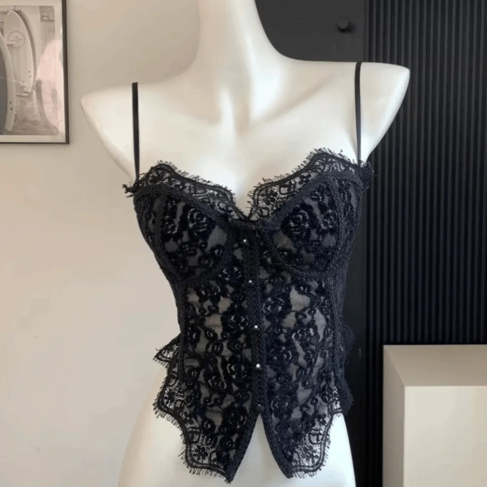 Spicy Girl Style Transparent Lace Camisole Sleeveless Slim fit Lace Corset Fishbone Suspender Vest Ladies