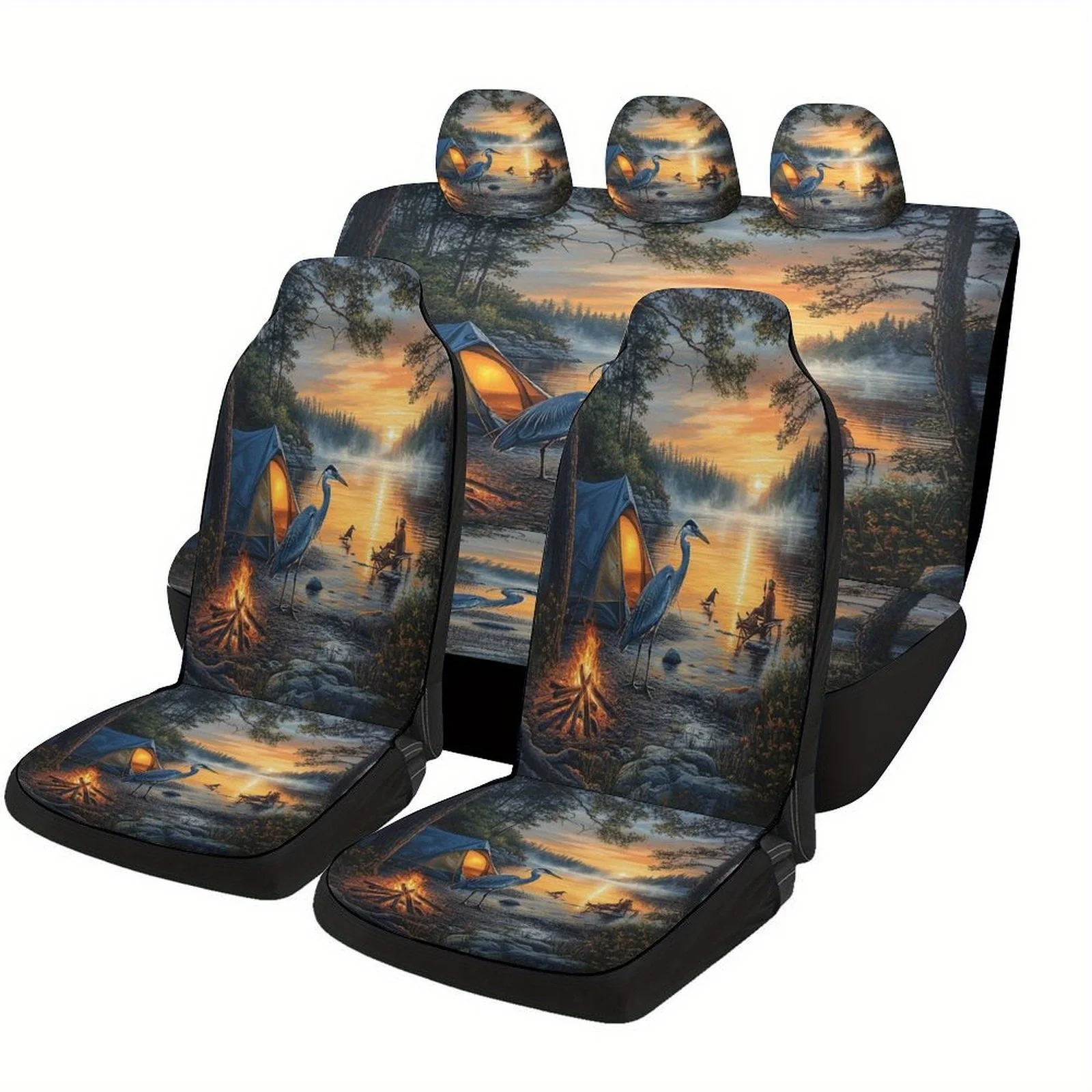 Camping Sunset Designed Car Seat Cover Set For Most Cars, Fashion Comfortable Car Seat Protector Covers Full Set, Universal Car