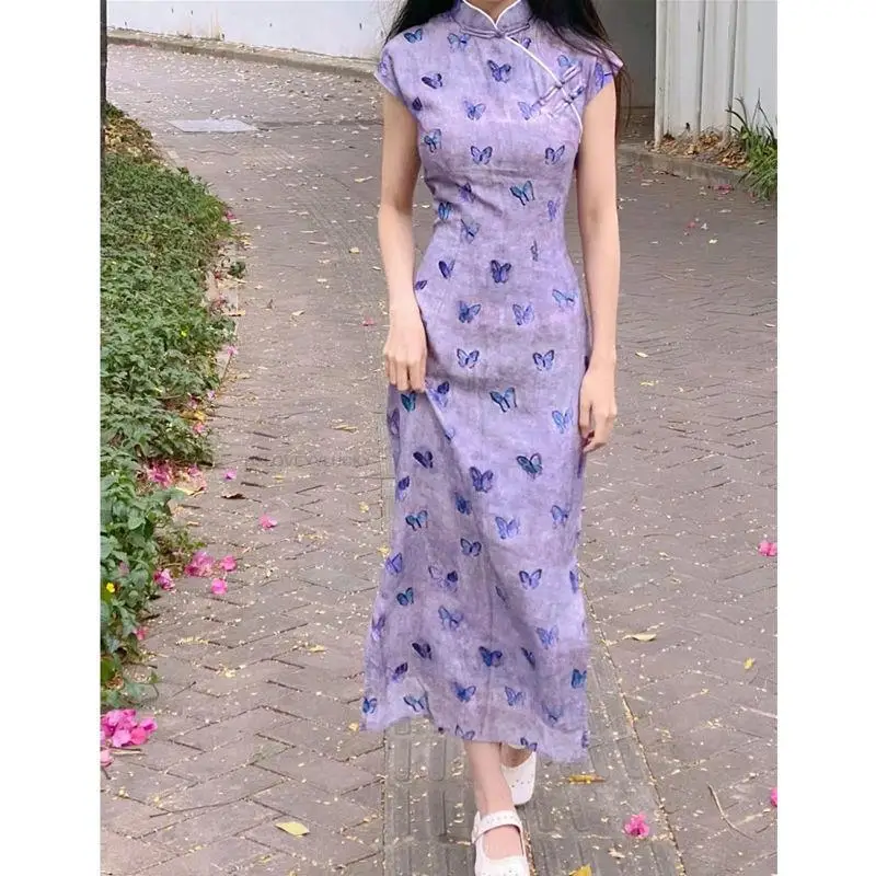 Robe qipao chinoise vintage pour femme, style national, qipao amélioré, qipao chinois, robe hanfu, robe qipao violet 03