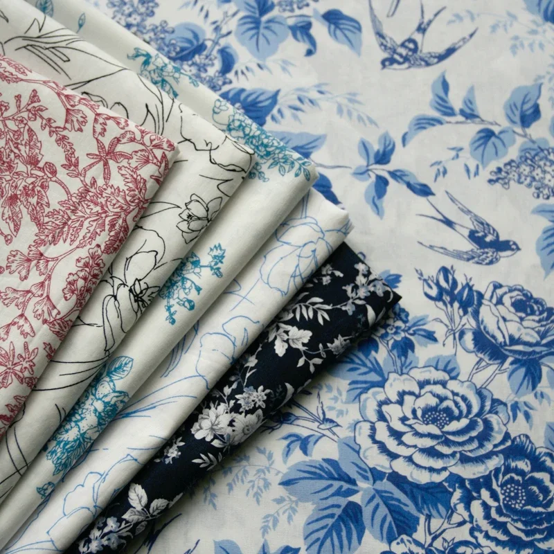 

140x50cm Classic Blue and White Swallow Porcelain Rose Poplin Cotton Cloth Shirt Dress Summer Clothing Blouse Diy Sewing Cloth