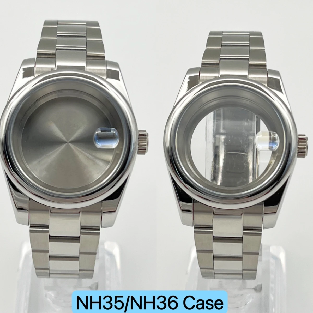 

36mm/39mm stainless steel NH35 case, smooth round edged case+smooth sand oyster strap in the middle, diverse mirror bottom cover