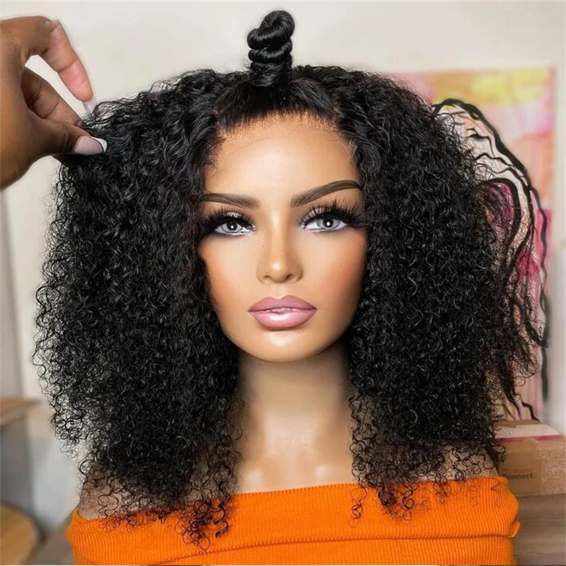 

14"Short Bob Black Color 180%Density Kinky Curly Lace Front Wigs For Women With Baby Hair Preplucked Daily Wear Glueless Wigs