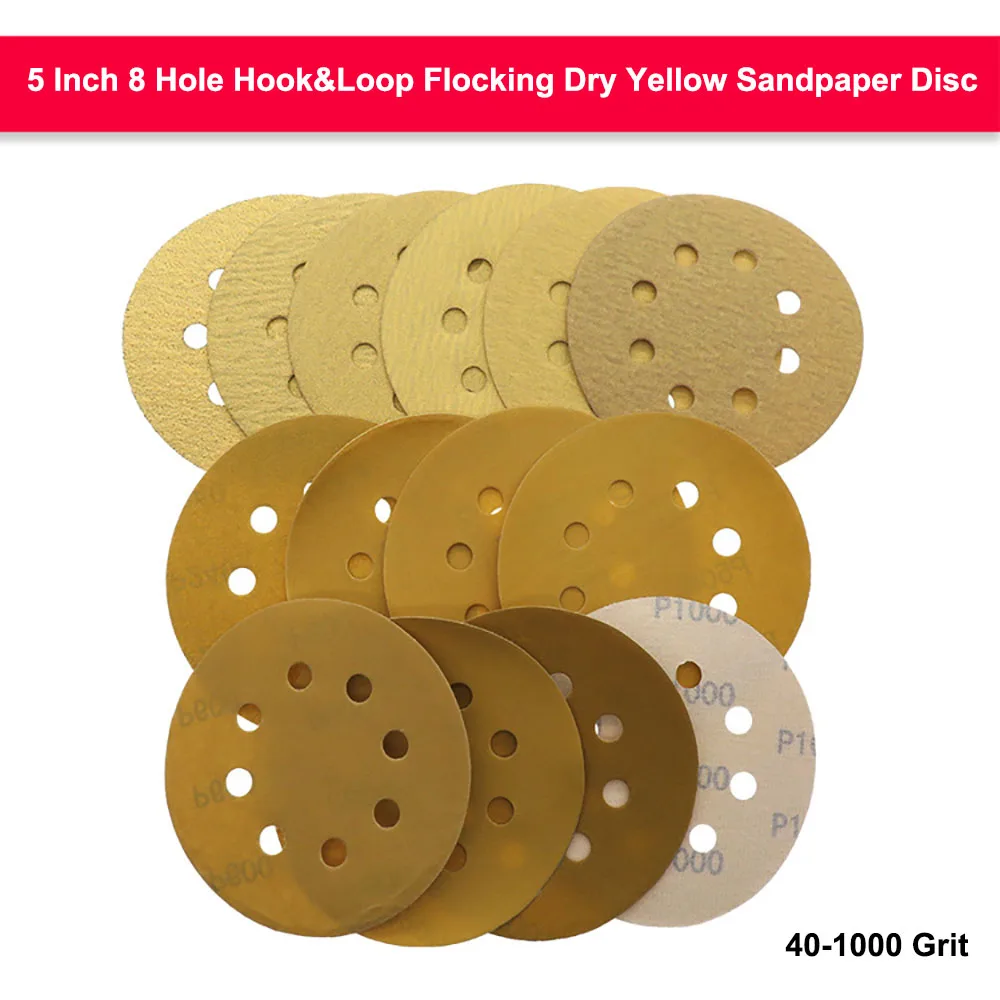 

5 Inch 8 Hole Hook&Loop Flocking Dry Yellow Sandpaper Disc 40-1000 Grit Self-adhesive Sanding Paper Polish Abrasive Tools