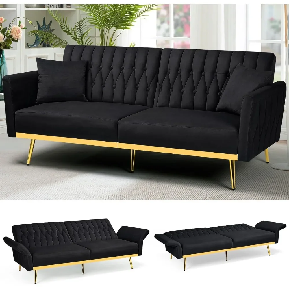 

Futon Sofa Bed with 2 Pillows and Adjustable Armrests, Convertible Sleeper Bed W/Adjustable Backrests,for Living Room, Bedroom