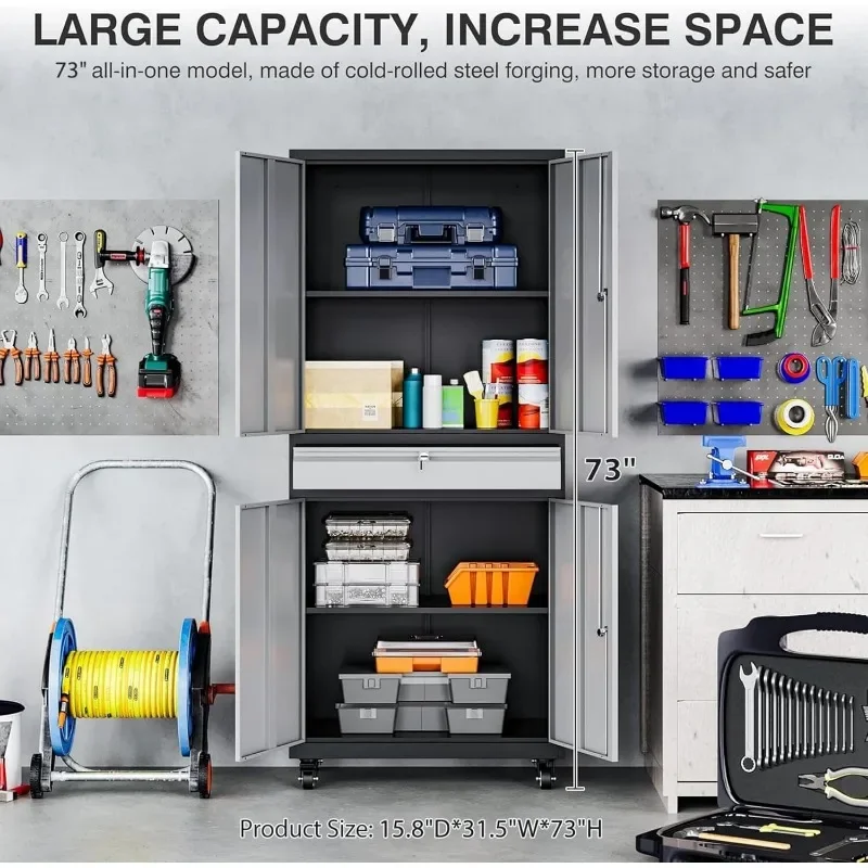 خزانة تخزين جراج معدنية جديدة مع أبواب قفل وأرفف قابلة للتعديل مع 4 عجلات ودرج واحد، وخزانة جراج متدحرجة #2