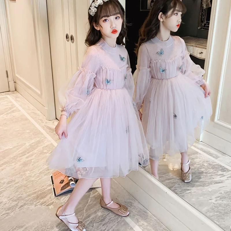 Autumn Girls\' Princess Dresses Fairy Butterfly Bubble Long sleeved Fluffy Dress Velvet Knitted Lace Splice Children\'s Dress