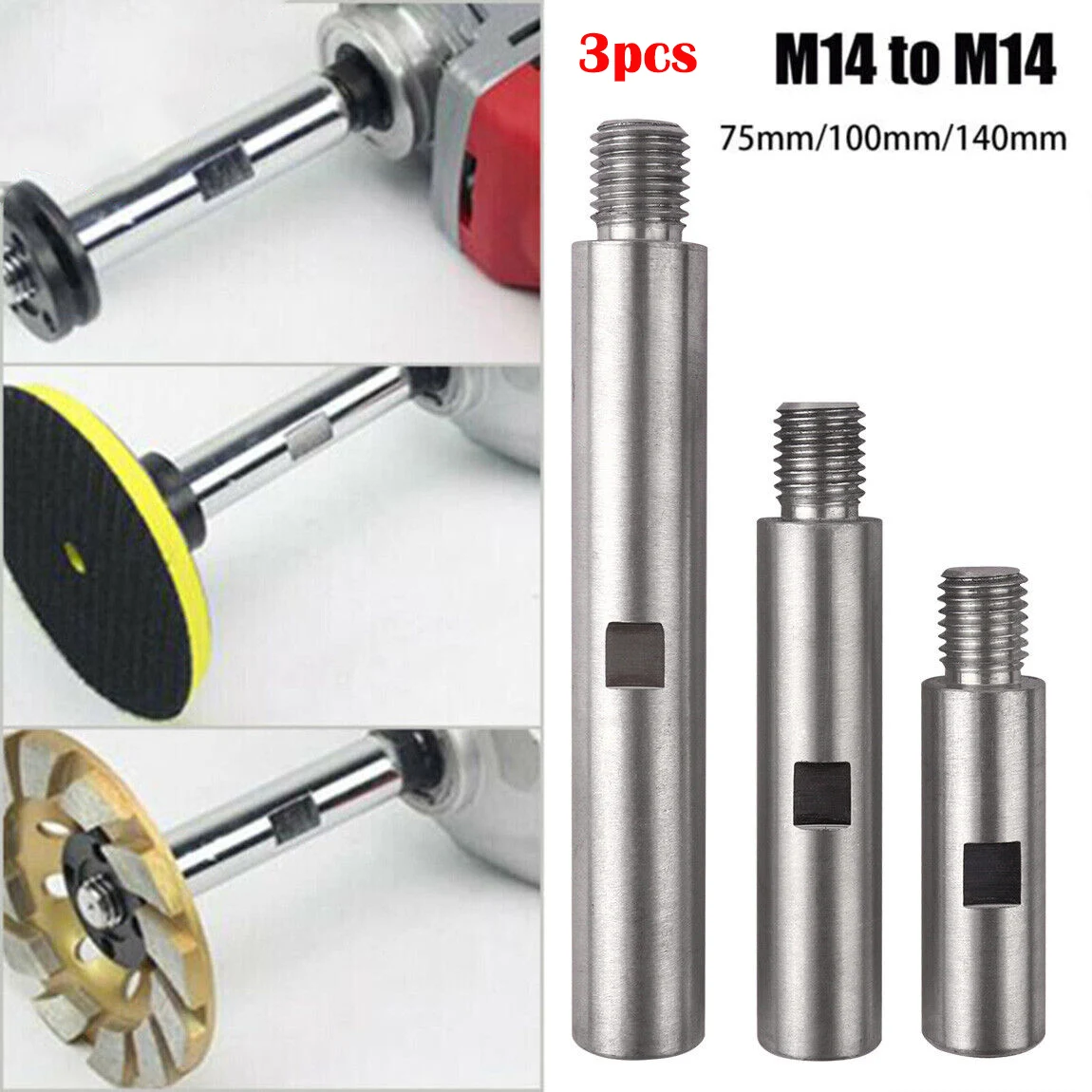 3pcs M14 Thread Angle Grinder Extension Connecting Rod 75/100/140mm Adapter Shaft Arm Polishing Round Pad Extender Lengthen Bar