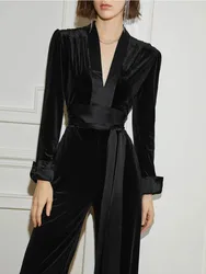 European And American V-Neck Long Sleeved Slim Fit Jumpsuit For Women'S Spring And Autumn Velvet Drape Wide Leg Jumpsuit