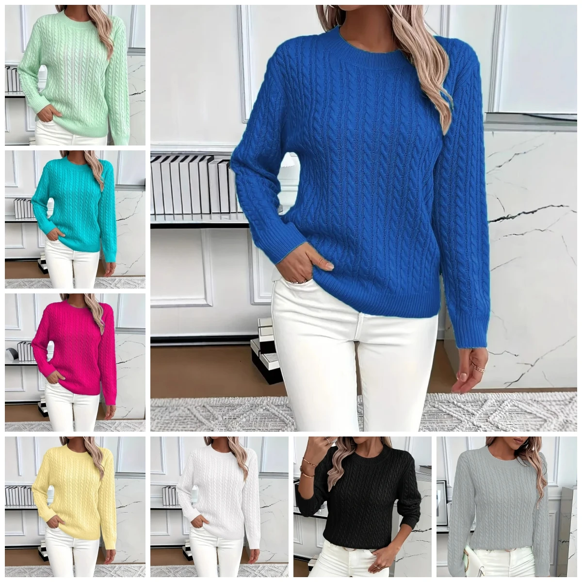 

Womens Twisted Flower Vintage Loose Sweater Autumn Solid Color O-Neck Long Sleeve Pullover Casual Fashion Female Knitted Sweater