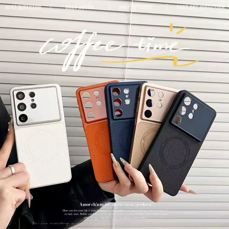 Schlichte Leder-Handyhülle mit Muster, modisch, magnetisch, MagSafe-kompatibel, passend für Samsung Galaxy S26 S24 S25 Ultra Plus