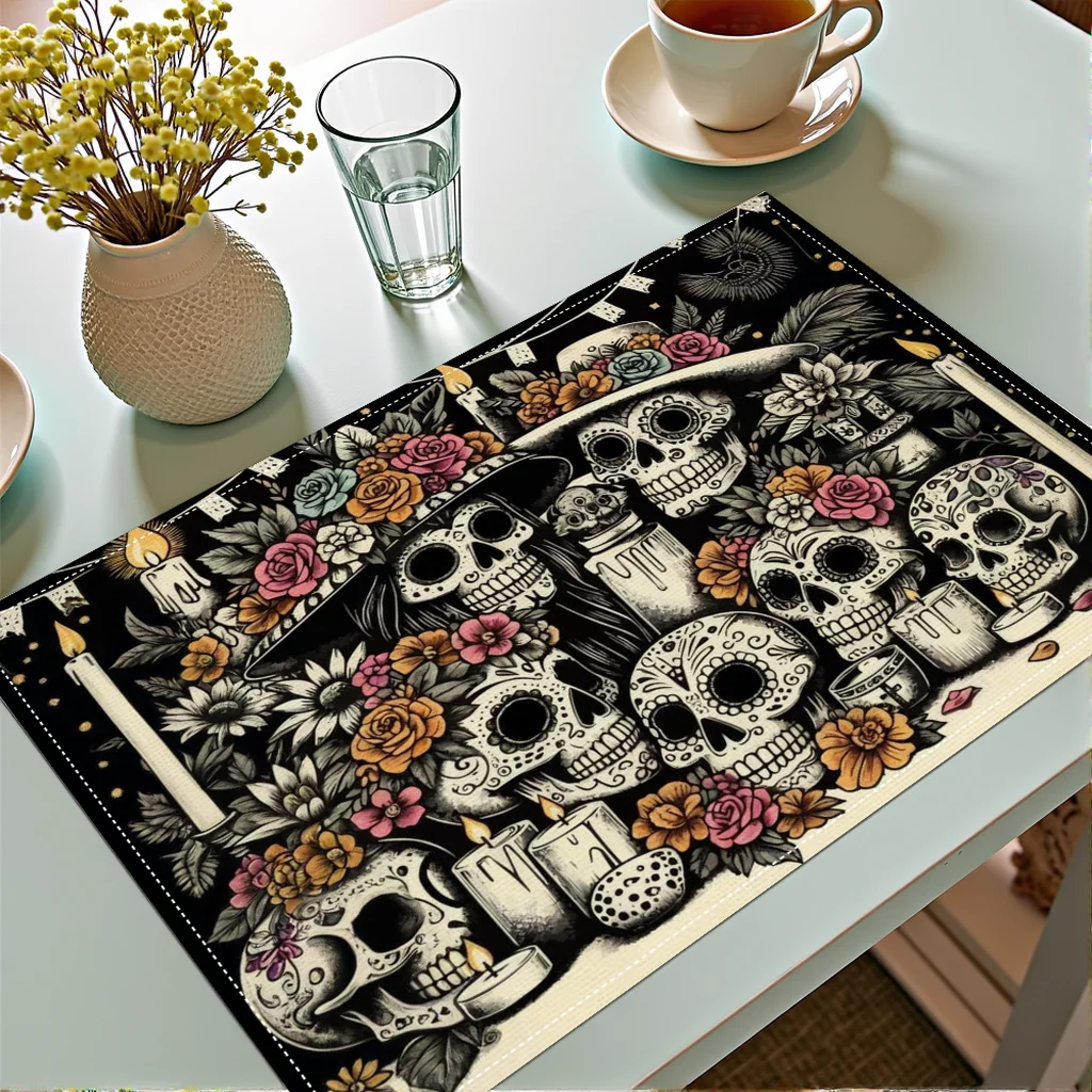 Set of 4pcs Day of The Dead Placemats Polyester Fiber No Embroidery No Tassels Design with Floral and Candle Patterns