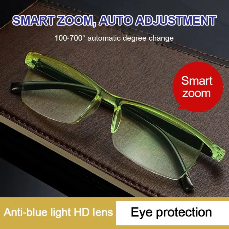 Frameless Anti-blue Progressive Multifocal Reading Glasses Women Smart Zoom Elderly Eyewear