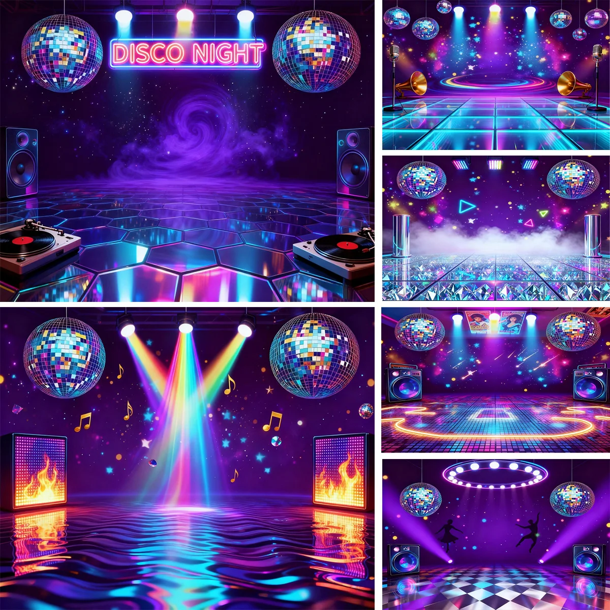 Happy Birthday Retro Disco Theme Vinyl Backdrop Background with Disco Ball Neon Lights Diamond Elements Party