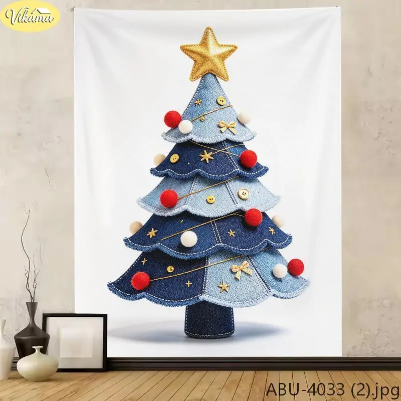 VIKAMA Christmas Wall Tapestry, Cute Denim Patchwork Christmas Tree Decorative Tapestry, Christmas Party Home Decor