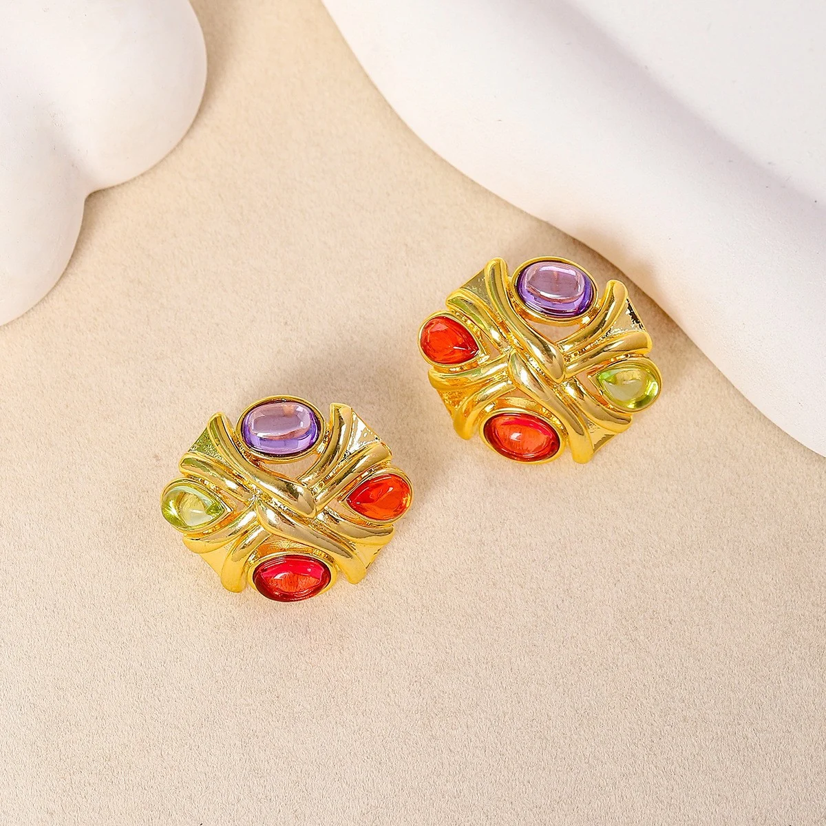 

925 Silver Needle Luxury Multicolor Gemstone Cross Stud Earrings, Vintage Boho Statement Daily Jewelry Gift for Women