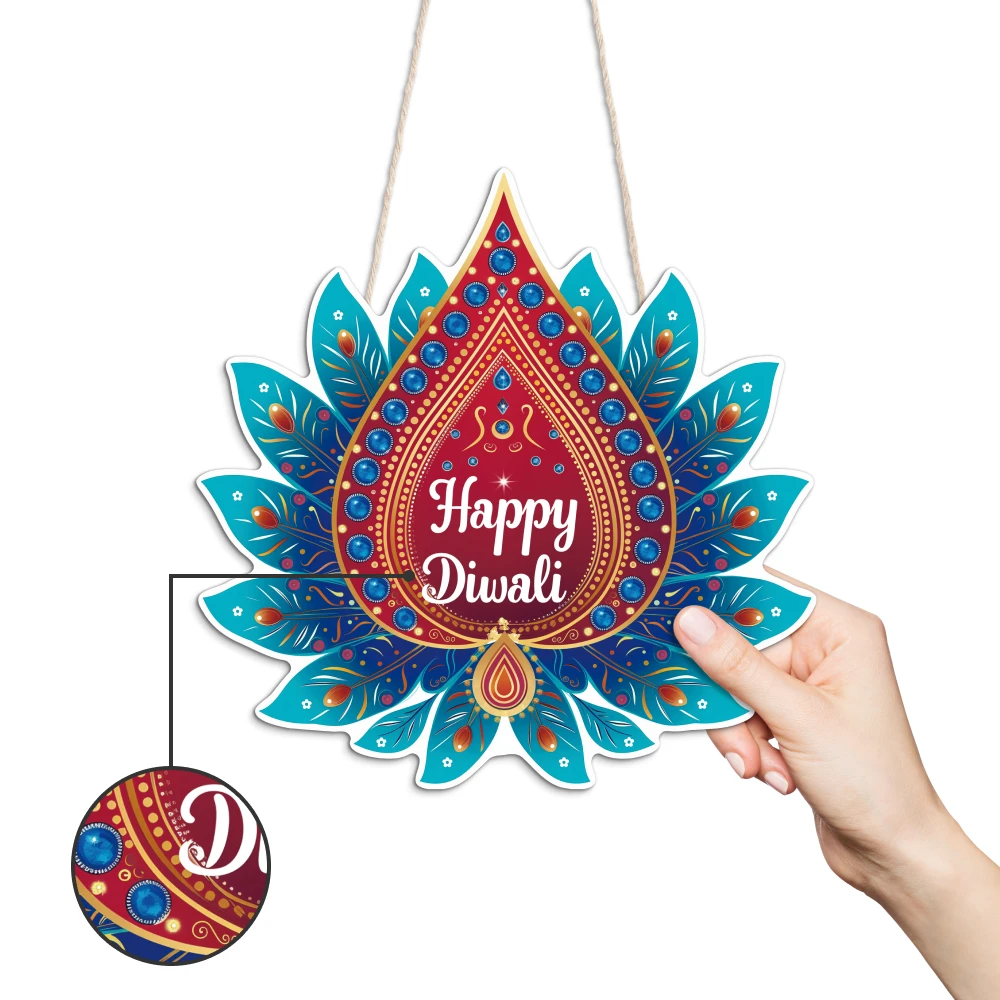 Putuo Decor 1pc Wood Hang Decoration, Wall Decor for Home Living Room Bedroom, The Hindu Festival, Happy Diwali, 9.1x9.1Inches