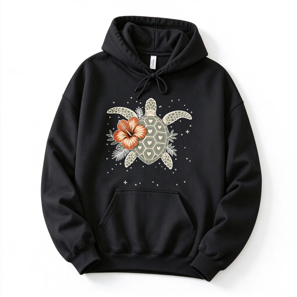 Hawaiian Sea Turtle Hibiscus Flower Heart Shell Graphic Hooded Sweatshirt Tropical Ocean Beach Art Print Pullover Casual Tops